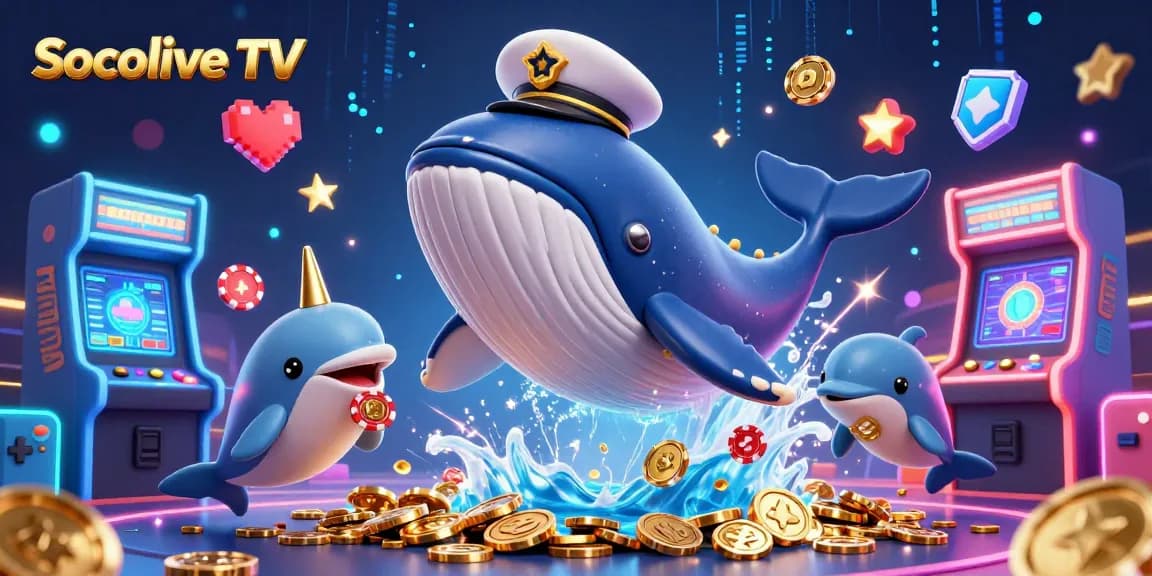 Socolive TV showcases an exciting 3D illustration with dynamic characters in a vibrant gambling scene surrounded by gold coins.