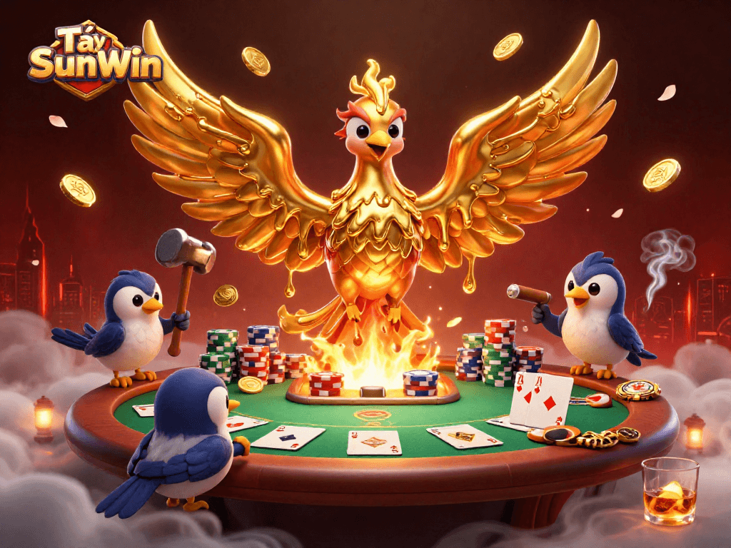 Tải SunWin showcases a molten golden phoenix in a lively poker scene with sparkling elements, perfect for players.