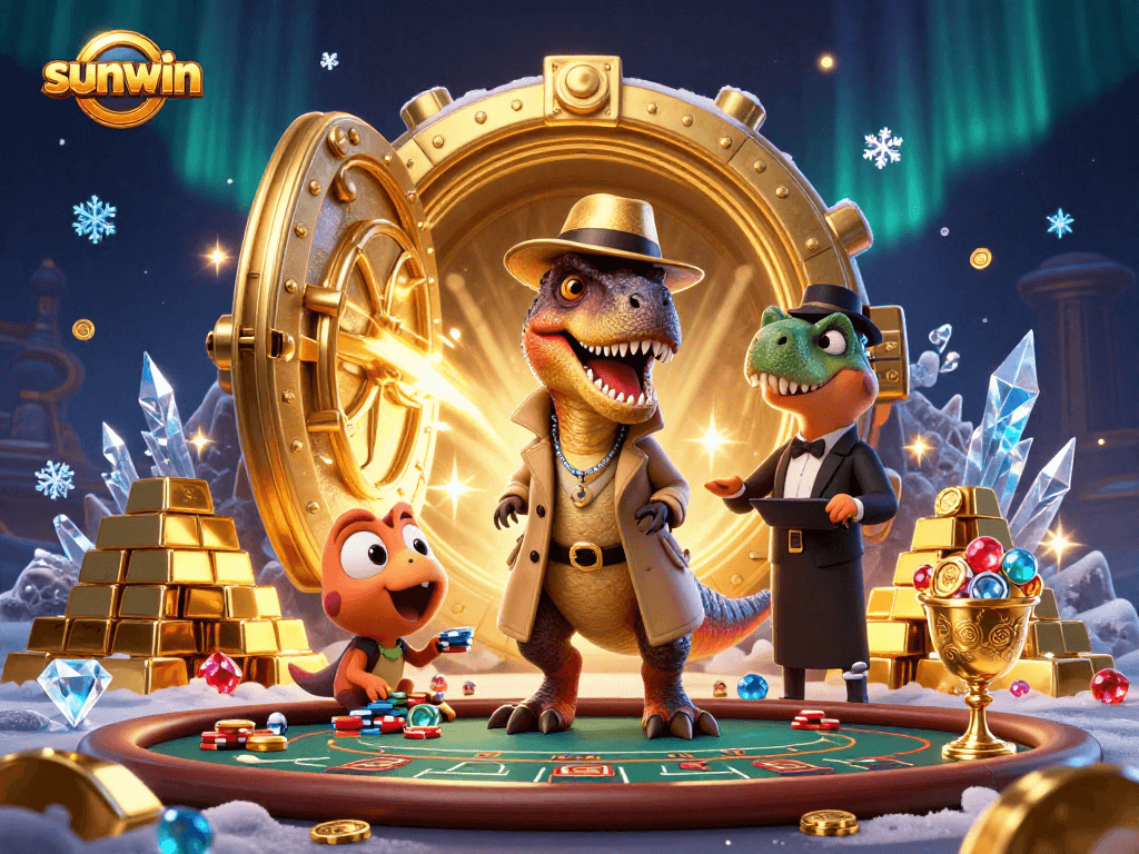 Experience the sunwin excitement as a velociraptor secretly counts cards amidst casino chaos.