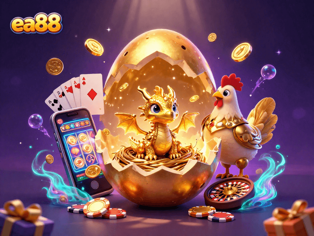 Experience ea88 casino thrills with golden egg dragon, poker chips, and vibrant slot games