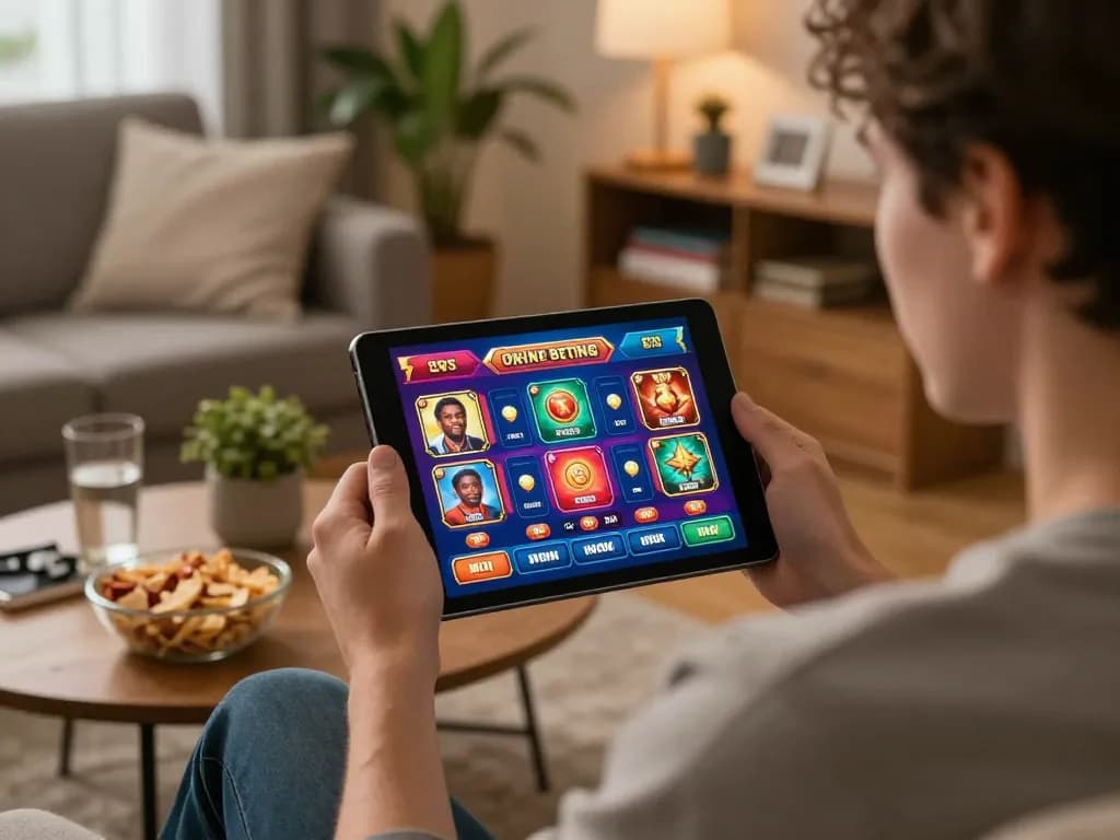 Player engaging with tr88 online casino platform on a tablet, warm cozy home setup.