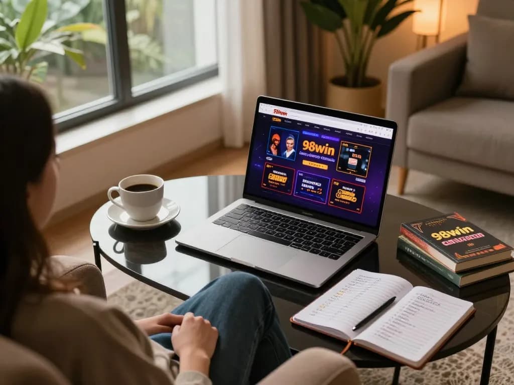 This scene features a cozy online gaming setup displaying 98win com, highlighting strategic gambling activity in a warm atmosphere.