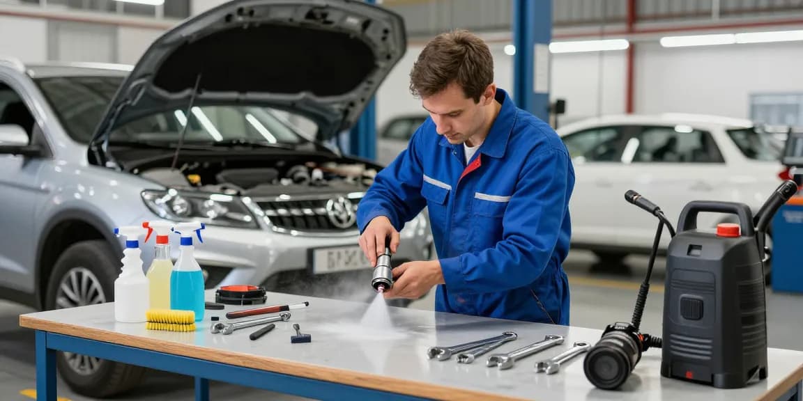 Mechaniker führt DPF Reinigen in einer Kfz-Werkstatt durch, die mit Werkzeugen und Fahrzeugen gefüllt ist.