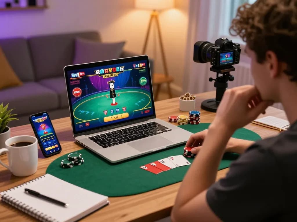 Engaged player using vipwin.com in a cozy home setting for online poker strategies