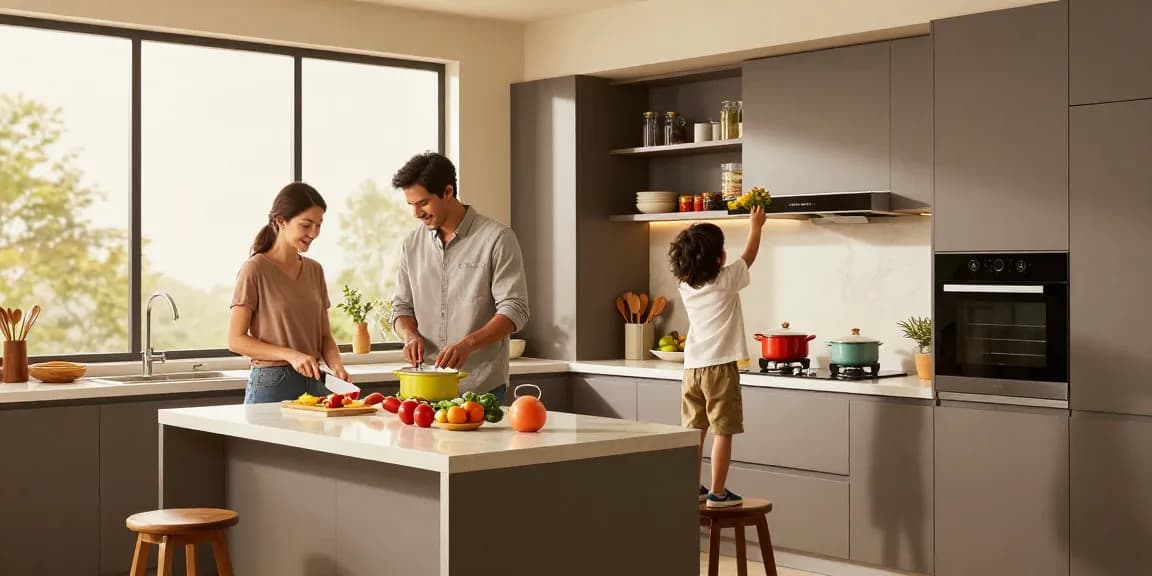 Familie, die gemeinsam in einer modernen Küche Mahlzeiten zubereitet, und zeigt, wie man Möbel mit Lieferung kauft.