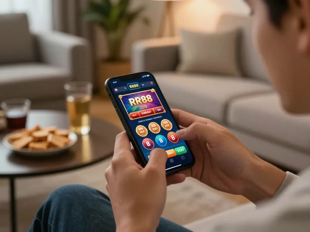 Player enjoying RR88 casino app on smartphone in cozy home setting, emphasizing mobile gaming experience.