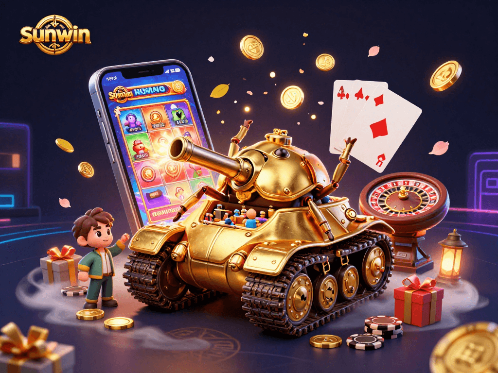 Experience the thrill of sunwin with a vibrant 3D casino illustration packed with slot games and excitement.