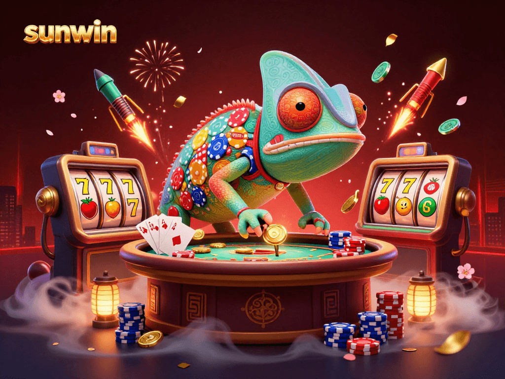 Watch the sunwin chameleon casino owner amidst vibrant slot reels and poker chips!