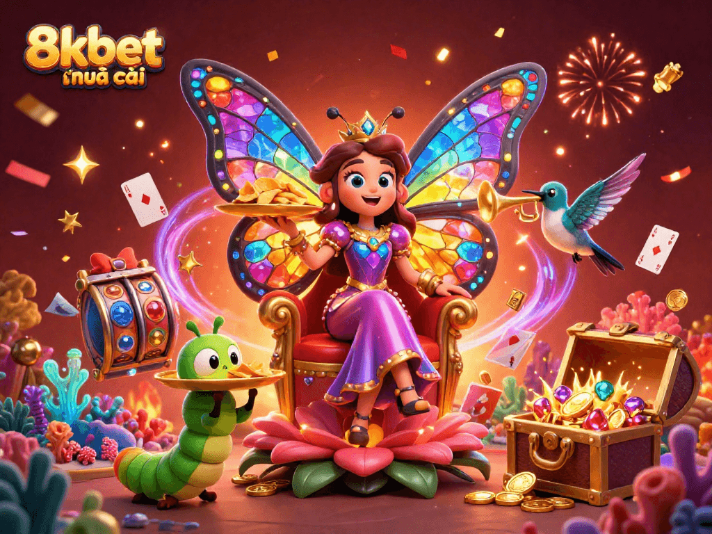 Engaging 3D illustration of 8xbet nhà cái with vibrant casino elements, celebrating a lively gaming atmosphere.