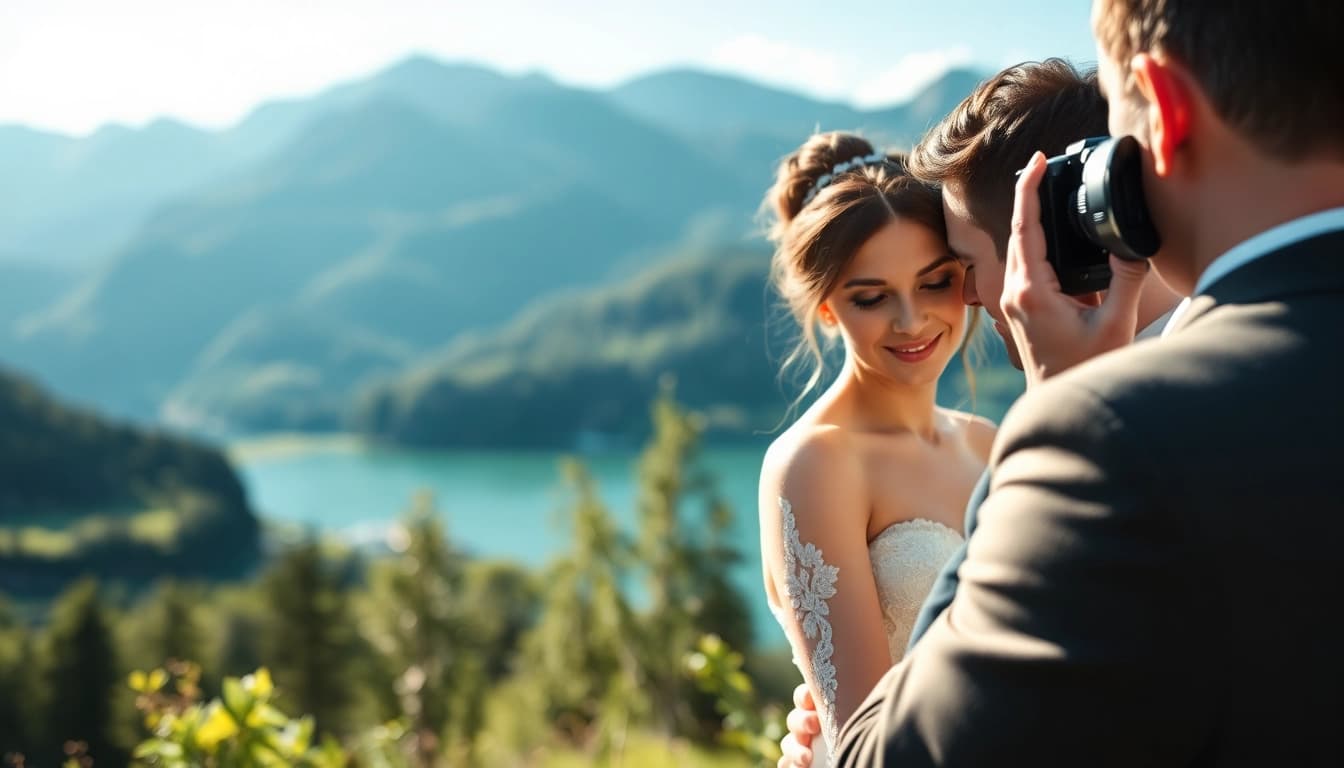 Hier fotografiert ein Hochzeitsfotograf Schliersee ein glückliches Ehepaar in einer malerischen Umgebung.