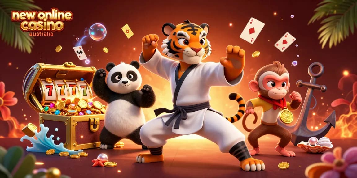 Play exciting slots in the new online casino Australia, with animated casino characters and vibrant treasures.