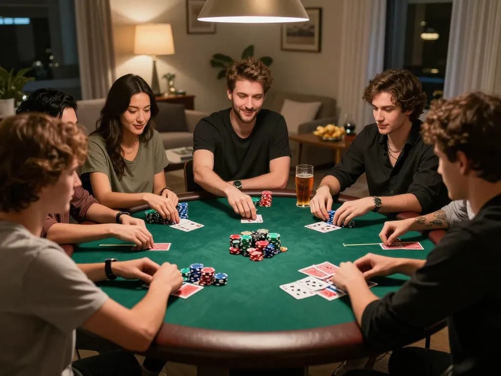 Engaged friends playing poker while planning strategies during a fun home poker night.