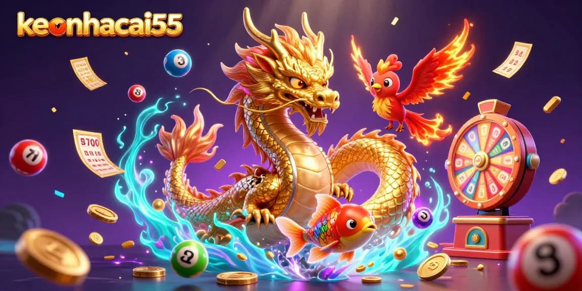 Engage in thrilling games at keonhacai55 with a vibrant scene featuring a dragon, phoenix, and koi fish amidst lottery elements.