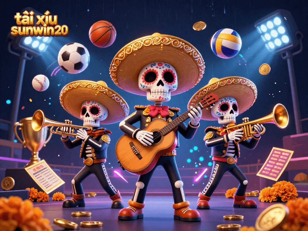 Engage in the excitement of tài xỉu sunwin 20 with a vibrant cartoon mariachi band and sports elements.
