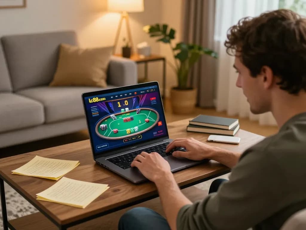 Engaged player using lc88.com for online poker, enhancing their game strategy in a cozy home atmosphere.