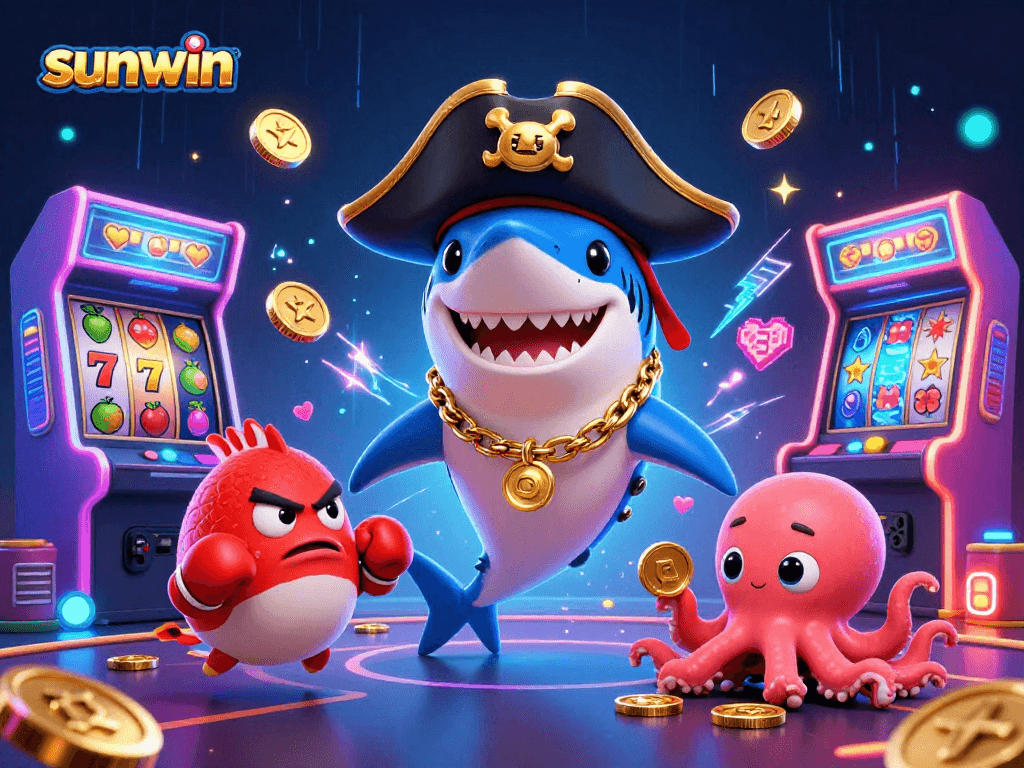 Engage with sunwin in this vibrant 3D scene showcasing a pirate shark, a pufferfish, and an octopus amidst casino slots.