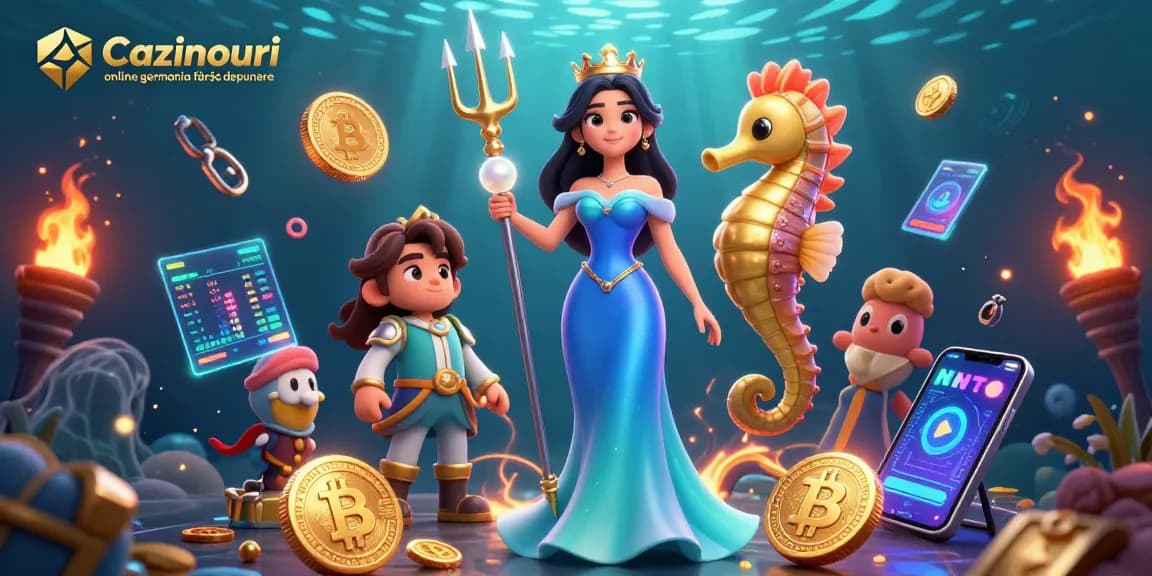 Cazinouri online germania fără depunere with illustrated characters winning over underwater casino treasures.