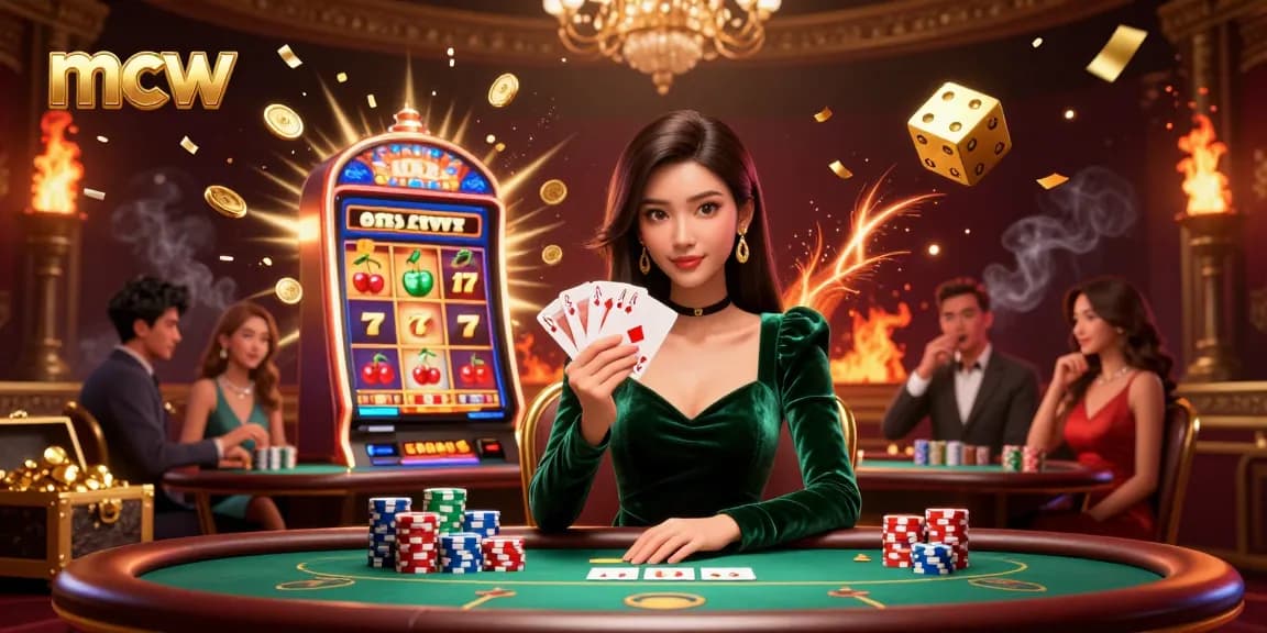 Engage with mcw's casino atmosphere featuring a focused Asian woman at a poker table amidst vibrant jackpot and game elements.