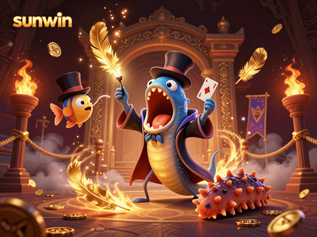 Sunwin card tricks illustrated by deep-sea creatures, showcasing unique magic elements.
