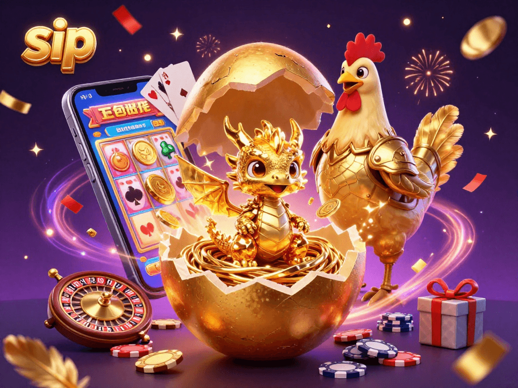 Engage with sip's vibrant casino illustration of a golden dragon and poker chips amidst celebratory elements.
