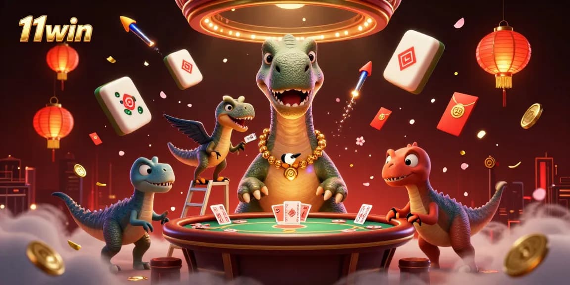 11win showcases a vibrant casino scene with a brontosaurus and raptor dealing cards, featuring dynamic game elements.