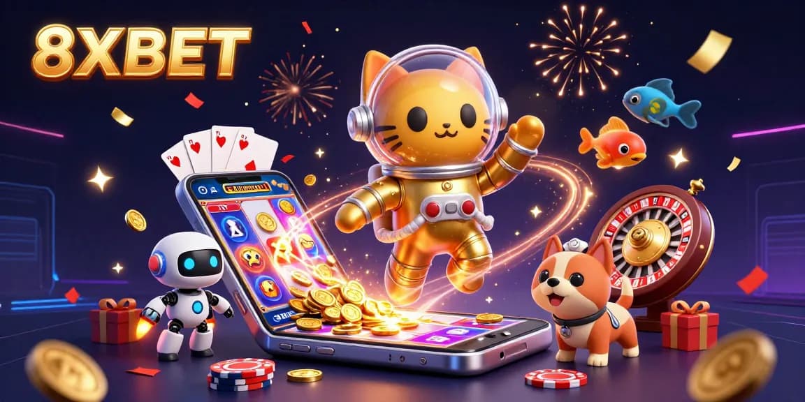 Experience excitement with 8XBET's dynamic gaming scene featuring vibrant characters and slot games.
