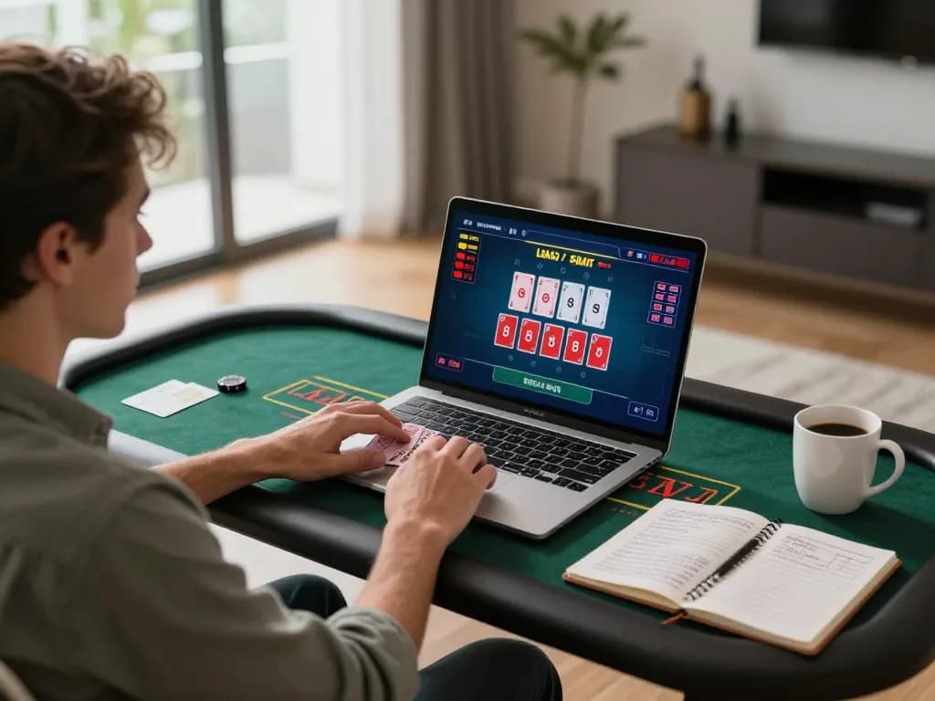Engaging in online baccarat gameplay with LC88, the scene showcasing strategic play and a cozy home atmosphere.