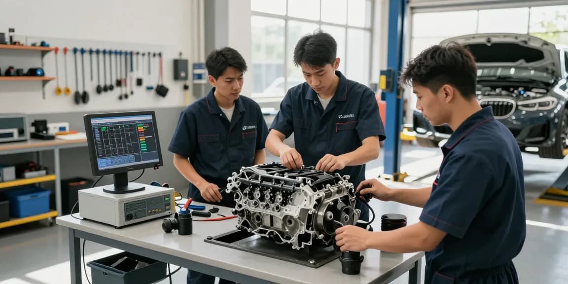 BMW Spezialisten führen präzise mechanische Reparaturen in einer professionellen Autowerkstatt durch.