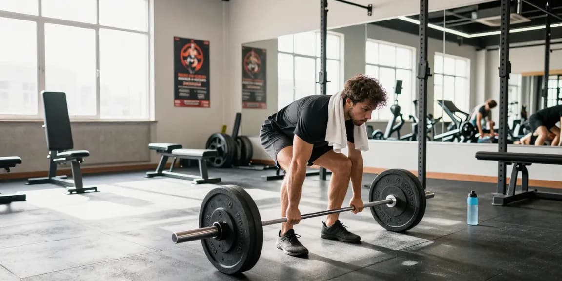 Anabolika Shop: Fitness-Enthusiast zeigt Deadlift-Technik im modernen Gym mit anregender Atmosphäre.