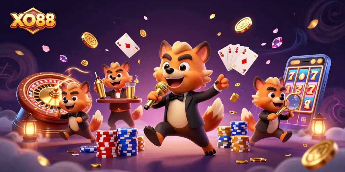 Join the excitement at XO88 with a lively 3D cartoon casino scene featuring hyenas in action.