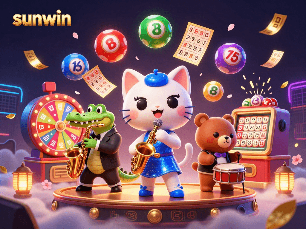 Join the excitement of sunwin with a vibrant 3D illustration of a casino scene filled with fun and games.