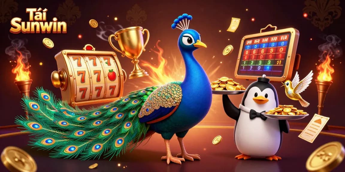 Tải Sunwin with a playful scene featuring a peacock, penguin, and hummingbird amidst vibrant slot reels and gold coins.