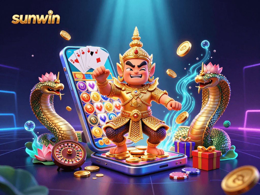 Engage with sunwin casino, showcasing a vibrant scene with slot games and Thai guardian elements.