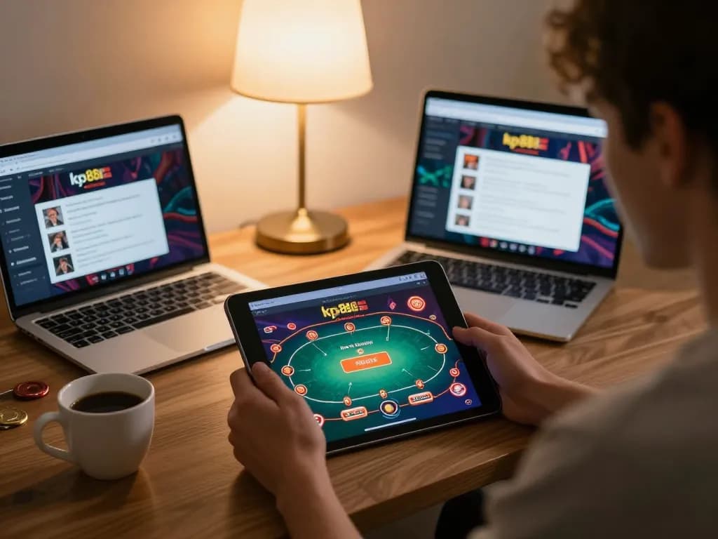 Kp88 online gaming session in a cozy living room with a tablet displaying casino app.