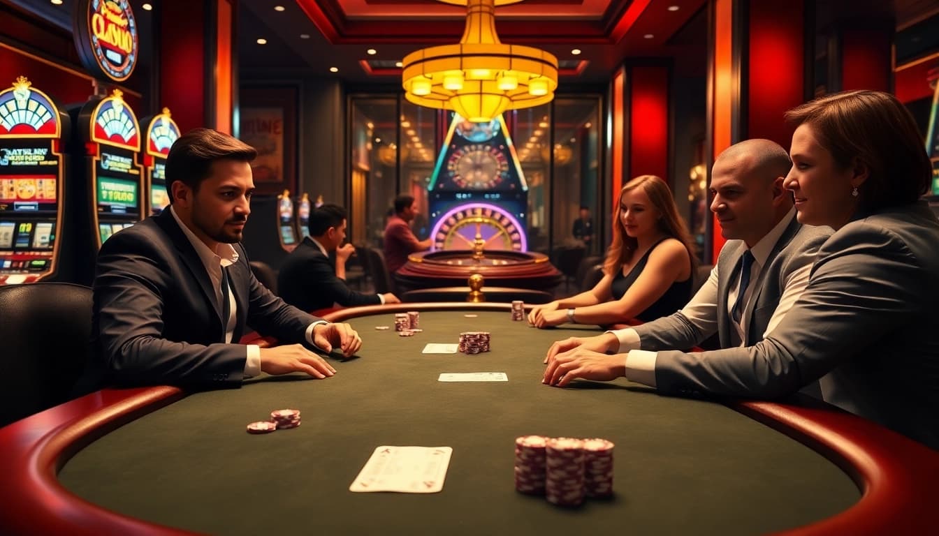 Kicking off a high-stakes poker game at https://kjc.football/ with vibrant table scenes and gambling excitement.