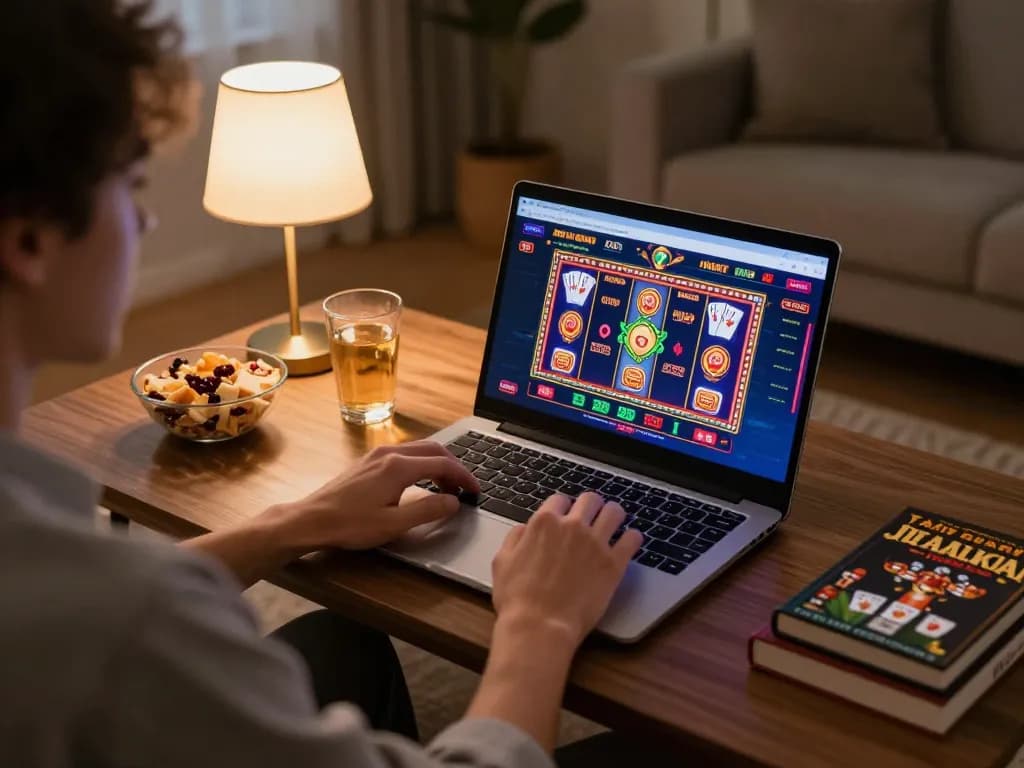 The excitement of online gaming at https://dn88s.net/ highlights responsible gaming strategies in a cozy home setting with vibrant graphics.