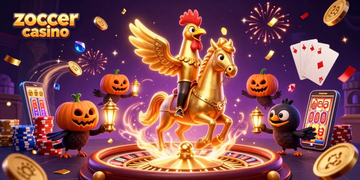 Experience zoccer casino excitement with golden rooster and lively casino elements in a vibrant scene.
