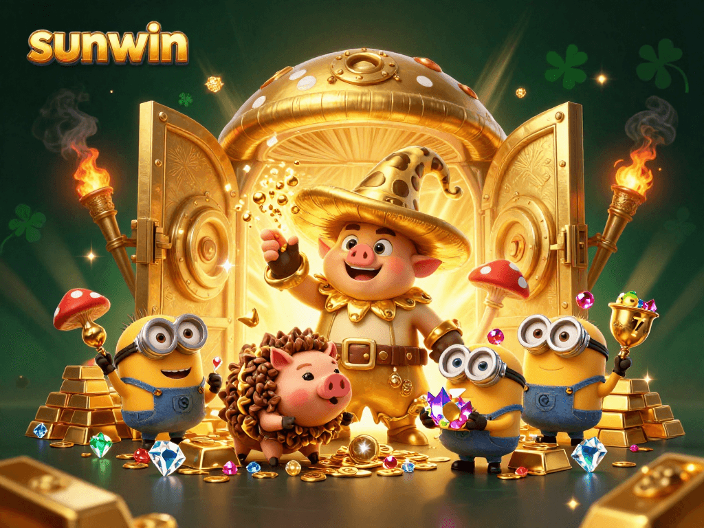 Experience sunwin with a golden mushroom wizard and treasures in a vibrant casino world.