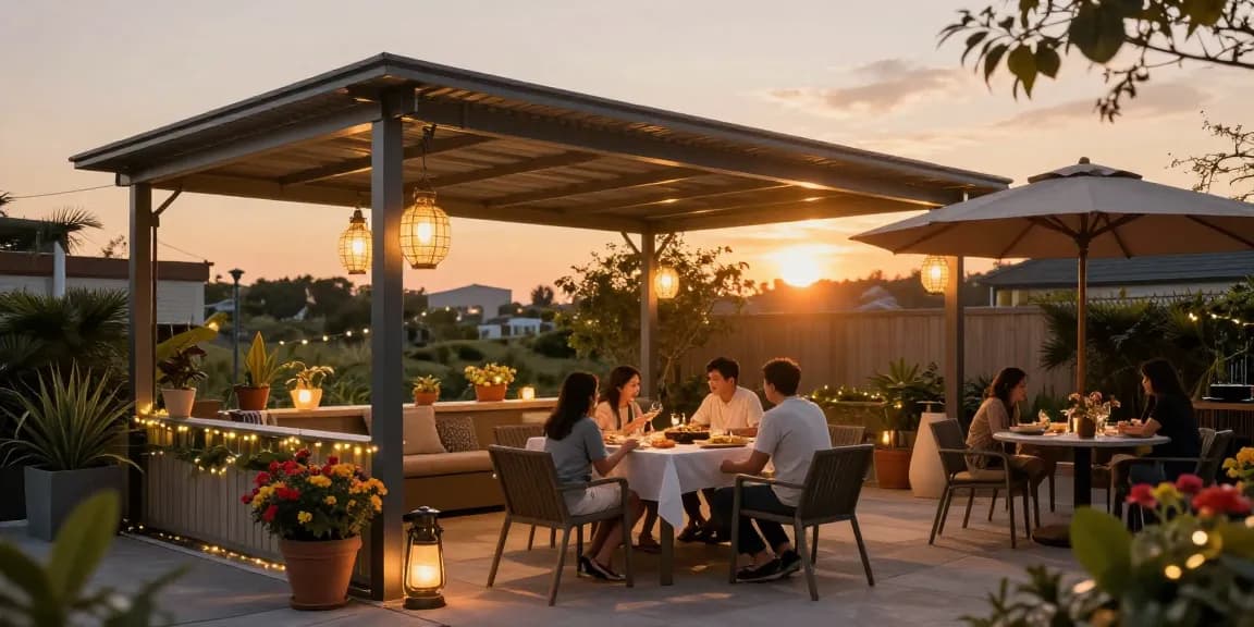 Moderne Terrassenüberdachung mit Familie beim Abendessen auf der Terrasse.