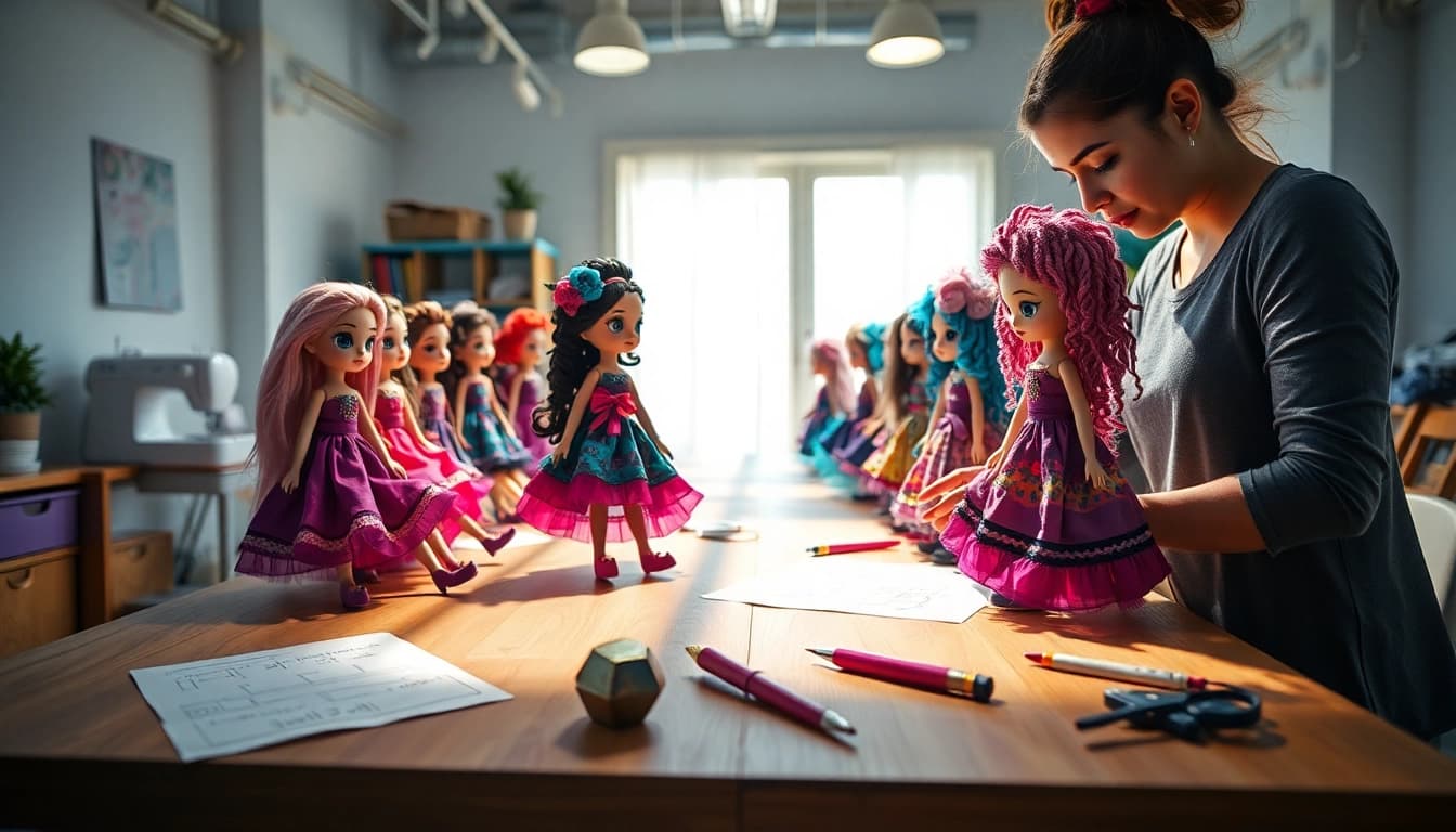 Gestaltung einzigartiger Gutdolls in einem hellen Atelier mit bunten Stoffen.