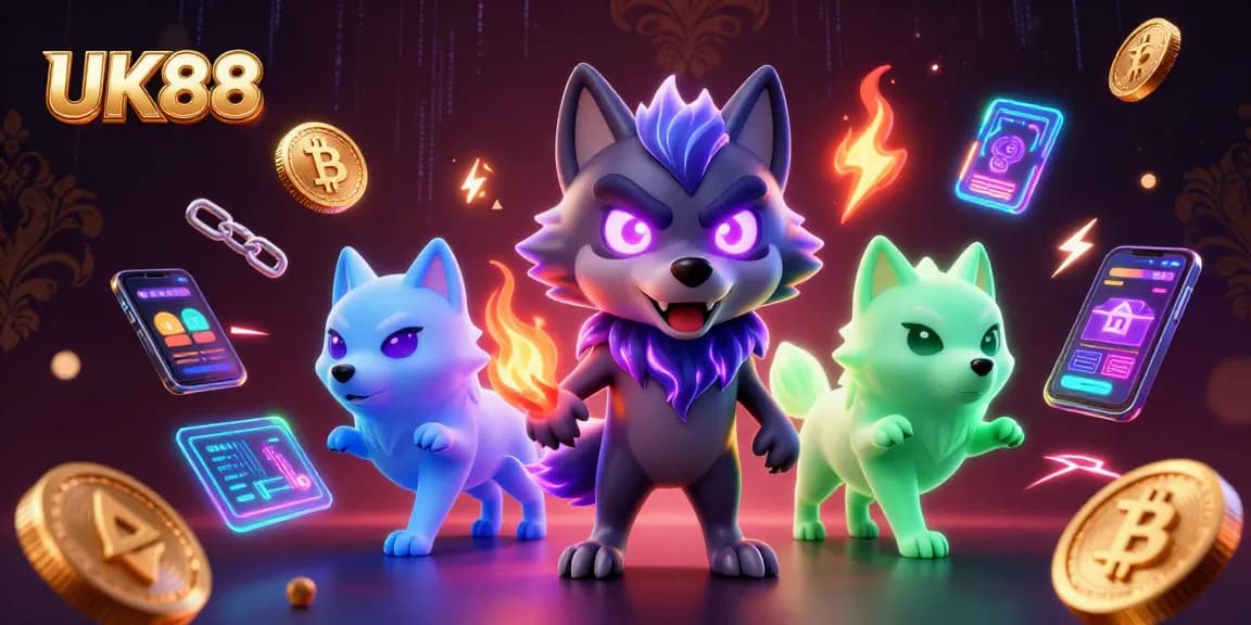 Win big with UK88 through an electrifying 3D casino gaming scene featuring unique ghostly wolves and crypto coins.