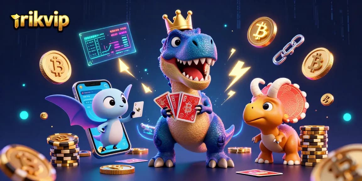 Engage in thrilling games with rikvip featuring a playful T-Rex shuffling cards.