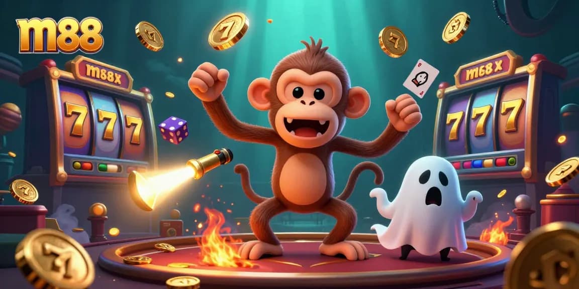 Engage with thrilling slot games at m88 as the poltergeist monkey juggles coins amidst vibrant casino excitement.