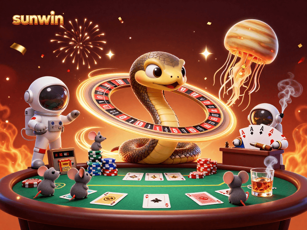 Experience thrilling gameplay with sunwin as astronaut mice place bets around a roulette wheel in space.