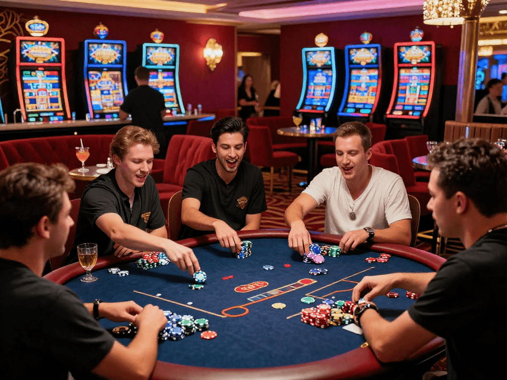 Exciting casino gaming experience at https://vin88-casino.games/ with diverse players at a poker table, vibrant atmosphere.