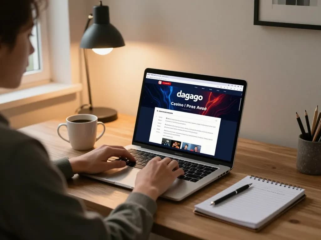 Engaging in online casino gameplay with dagago interface displayed on laptop, cozy home setting