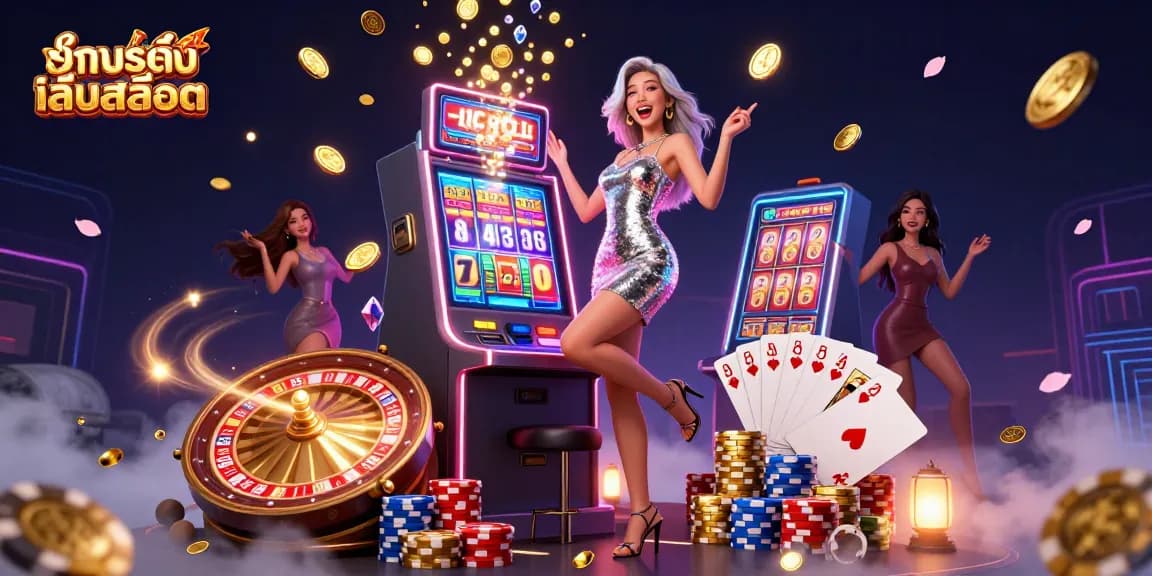 Experience ทดลองเล่นสล็อต excitement, featuring a vibrant casino scene with stunning visuals and celebratory elements.