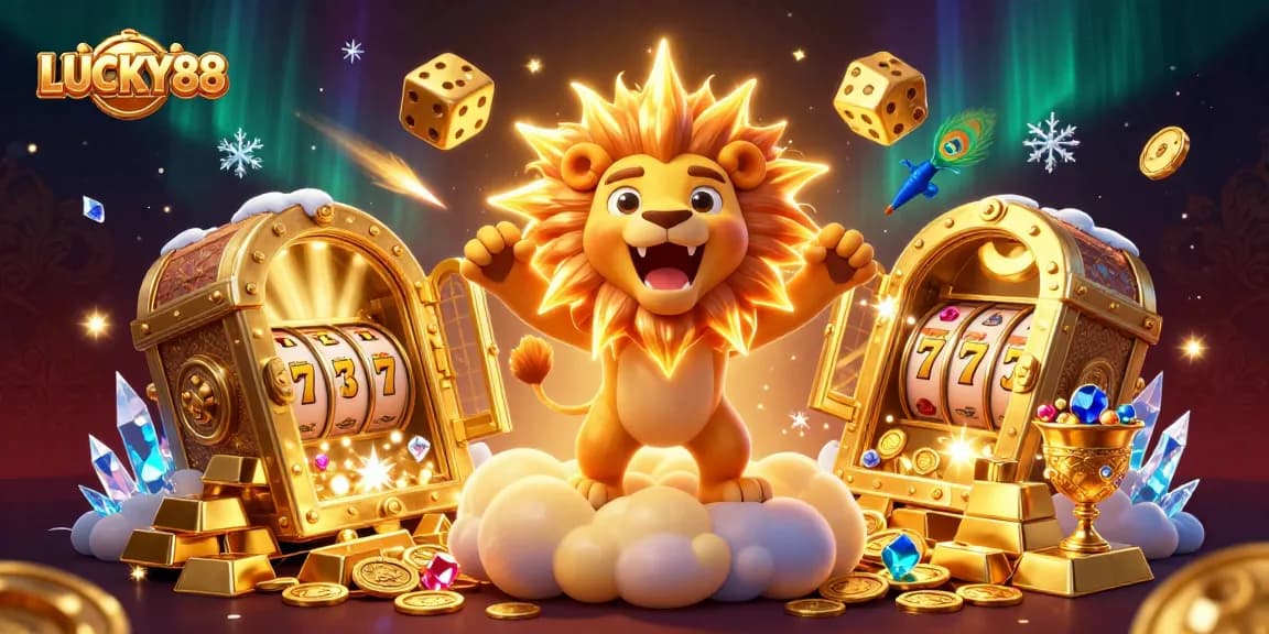 Win big on LUCKY88 slots with a dazzling 3D illustration showcasing vibrant riches and gaming excitement.