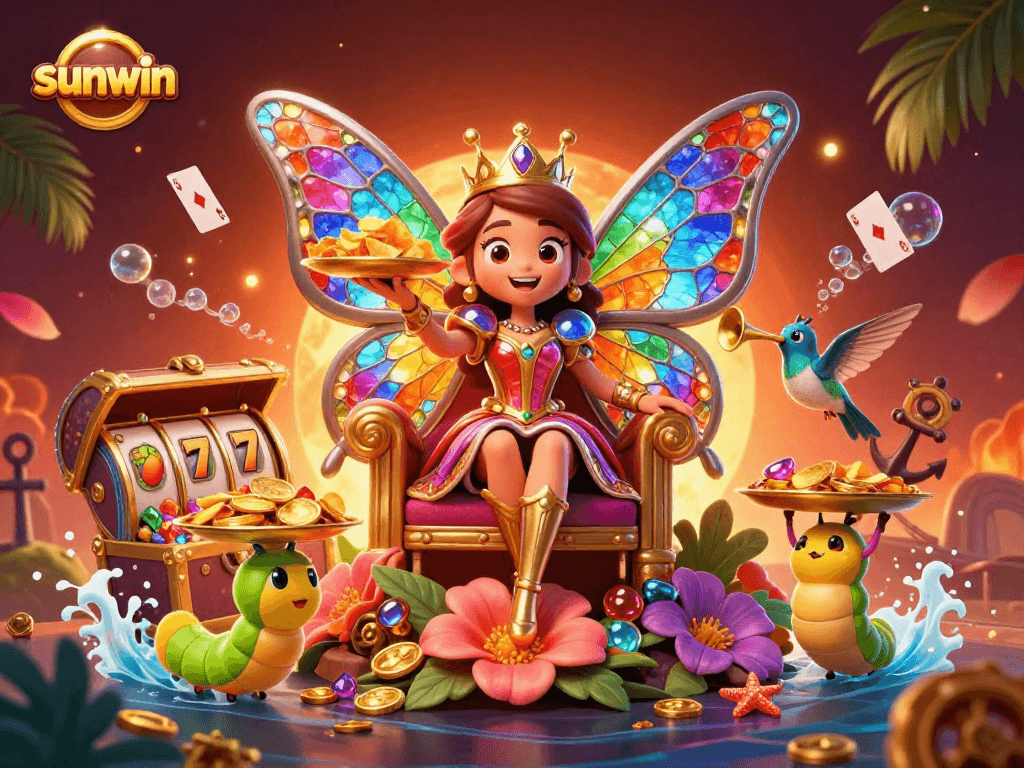 Experience the lively action at sunwin with the queen and colorful casino elements.