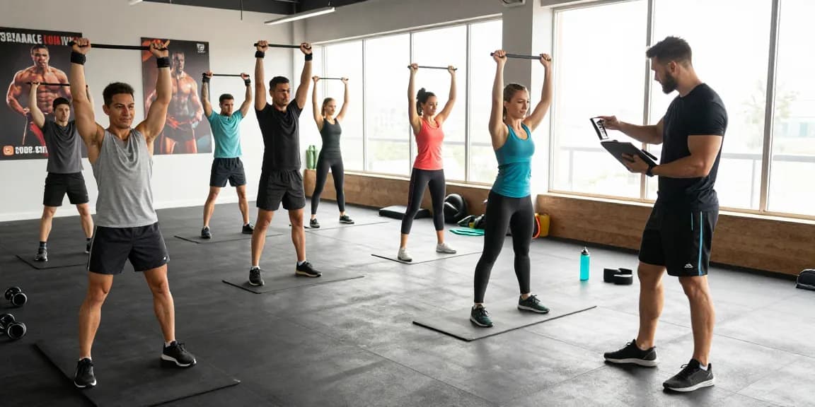 Anabolika Shop Deutschland - Energetische Fitnessszene mit verschiedenen Fitnessbegeisterten, die Gewichte heben und mit Widerstandsbändern trainieren, helle Atmosphäre, die das Engagement für Muskelw